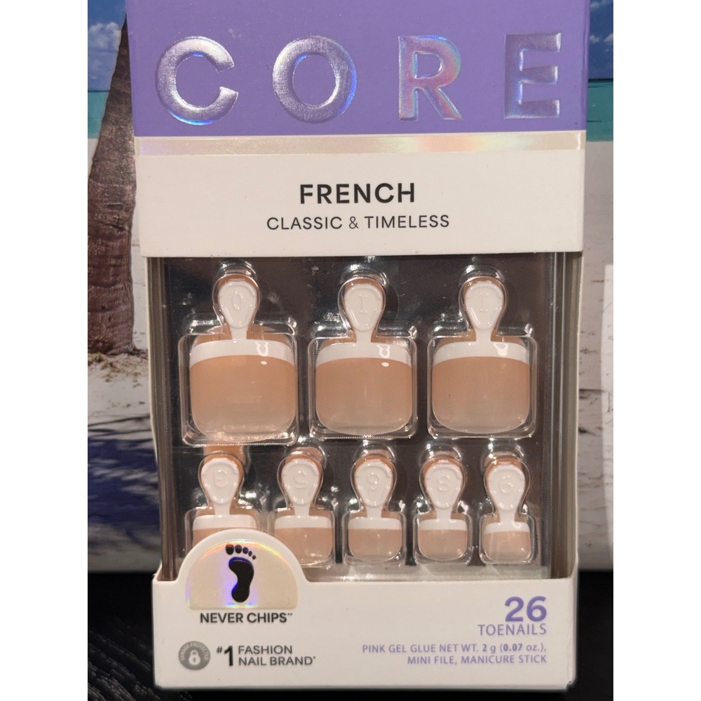 KISS Core French Press-On Toenails Classic White Tip 26 Count 22779 CFT20 NEW